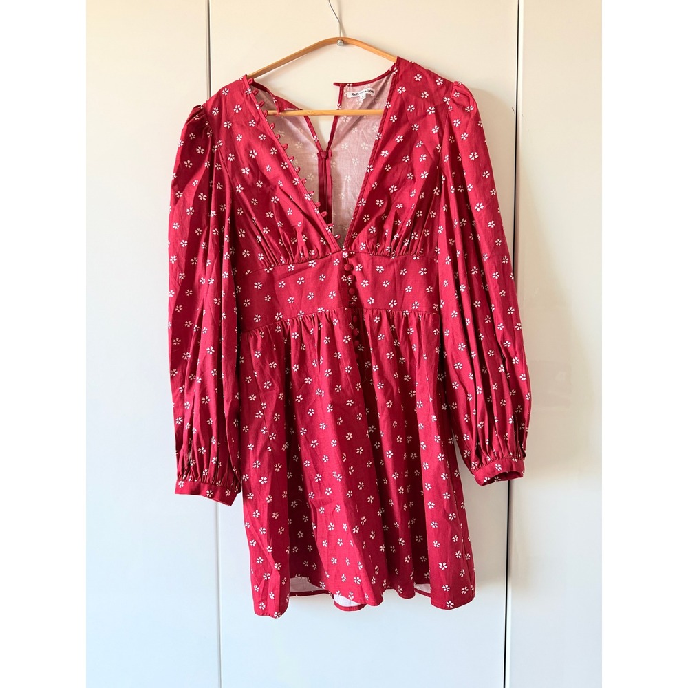 Reformation Red Floral Caitie Mini Dress Deep V Pleated Sleeve Cotton Sz 8 AS-IS